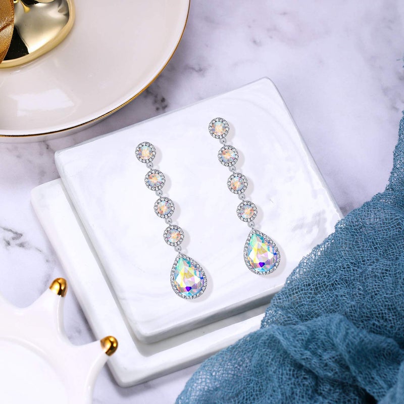 BriLove Wedding Bridal Dangle Earrings for Women Elegant Crystal Teardrop Chandelier Jewelry for Party Prom Accessories Iridescent AB Silver-Tone - Image 5